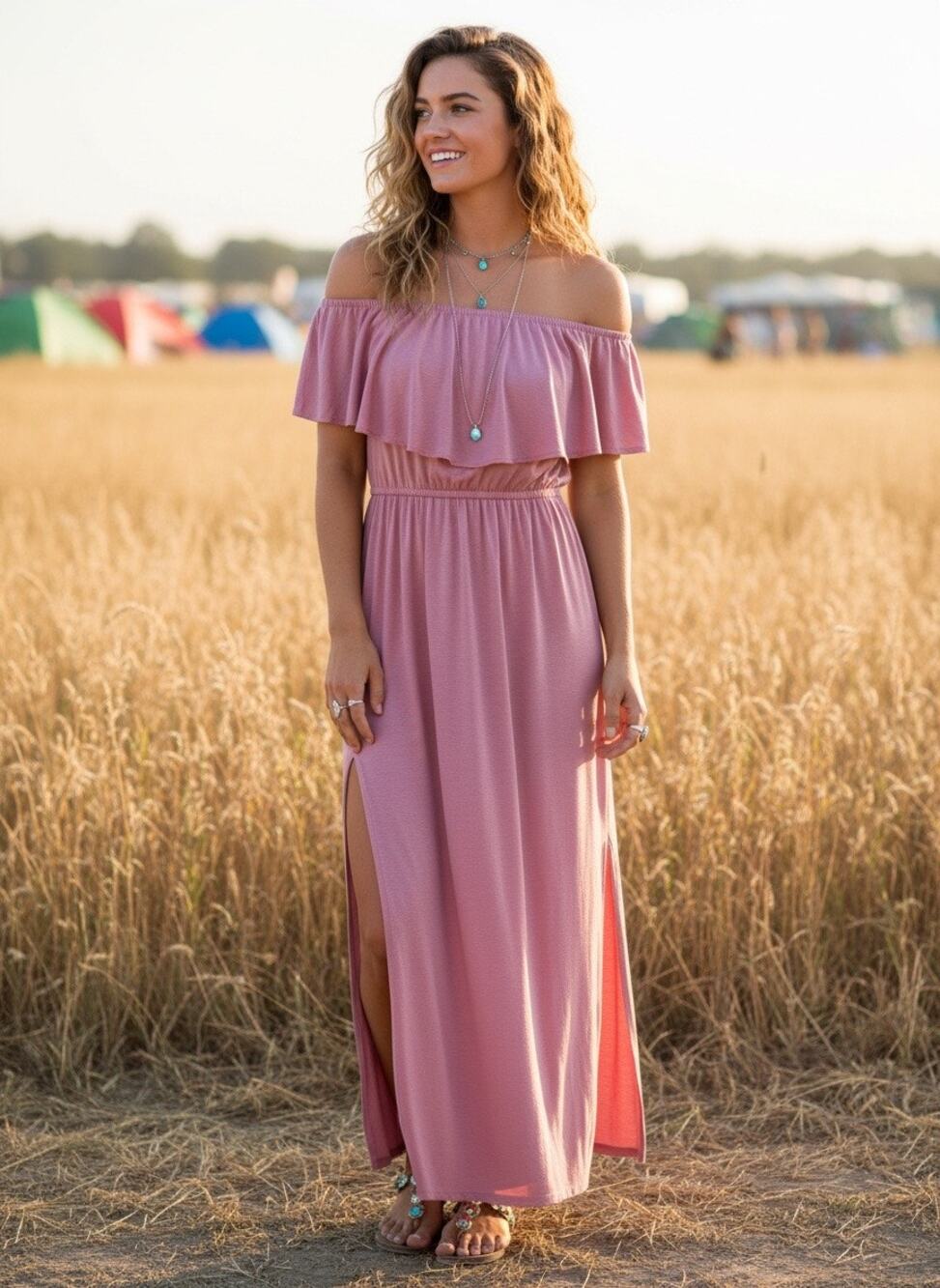 Pink Off‑Shoulder Maxi Dress with Pockets